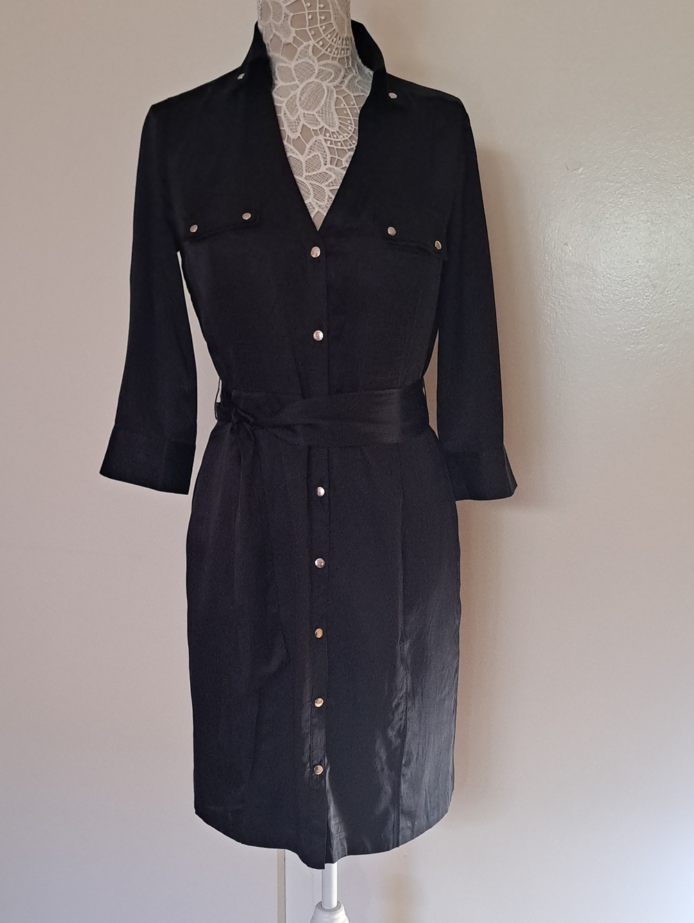 White House Black Market Black Button-Front Midi Shirt Dress - Picture 3 of 14